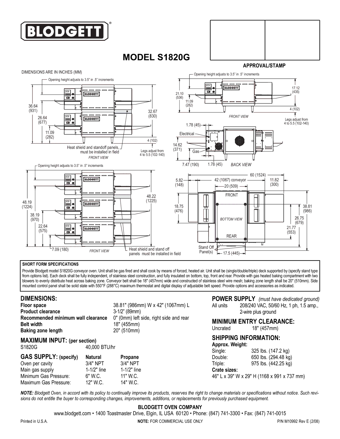 Blodgett S1820G warranty Dimensions, Minimum Entry Clearance, Shipping Information 