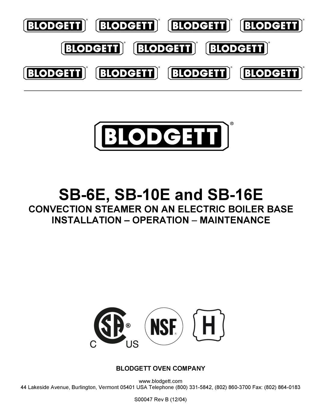 Blodgett manual SB-6E, SB-10E and SB-16E 