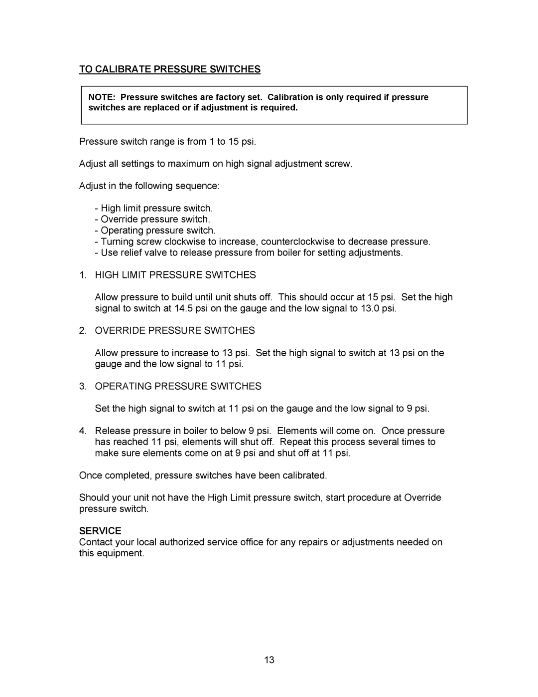 Blodgett SB-16E, SB-6E, SB-10E manual To Calibrate Pressure Switches, Service 