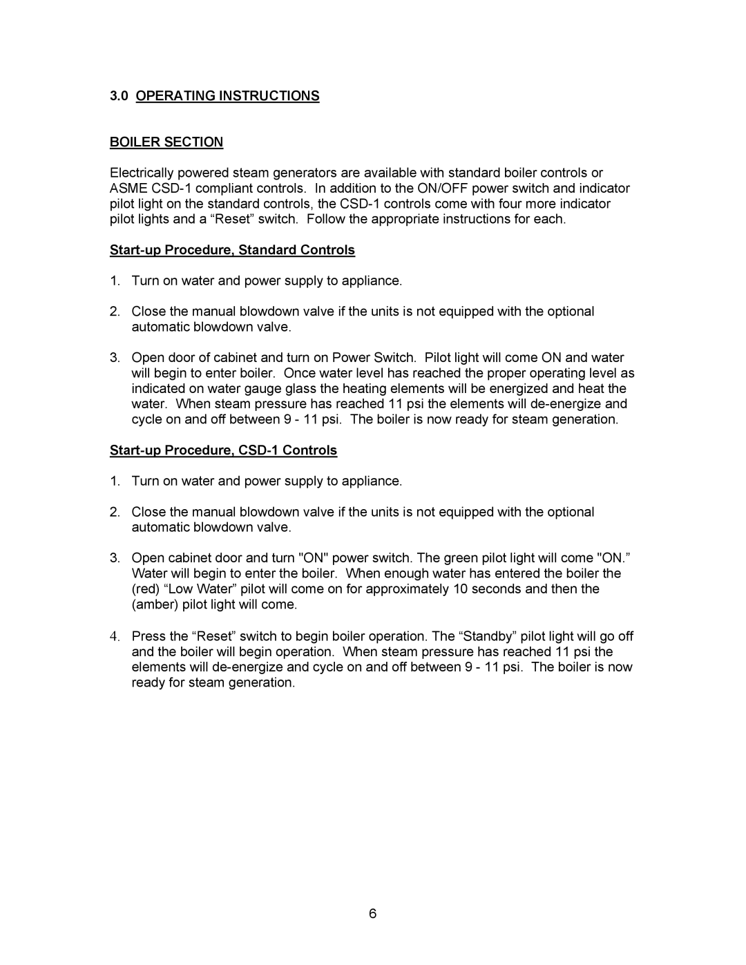 Blodgett SB-6E, SB-16E, SB-10E manual Operating Instructions Boiler Section, Start-up Procedure, Standard Controls 