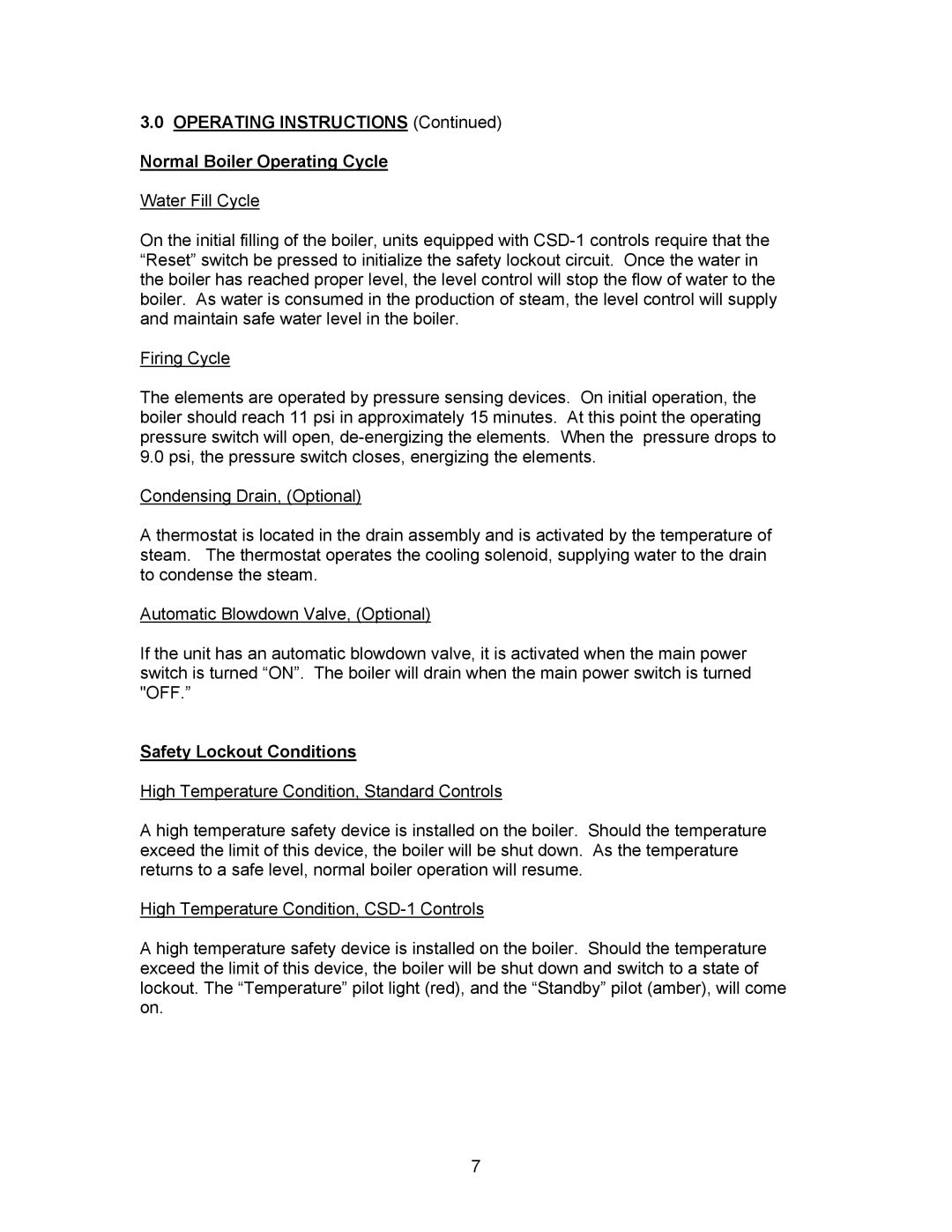 Blodgett SB-16E, SB-6E, SB-10E manual Operating Instructions Normal Boiler Operating Cycle, Safety Lockout Conditions 