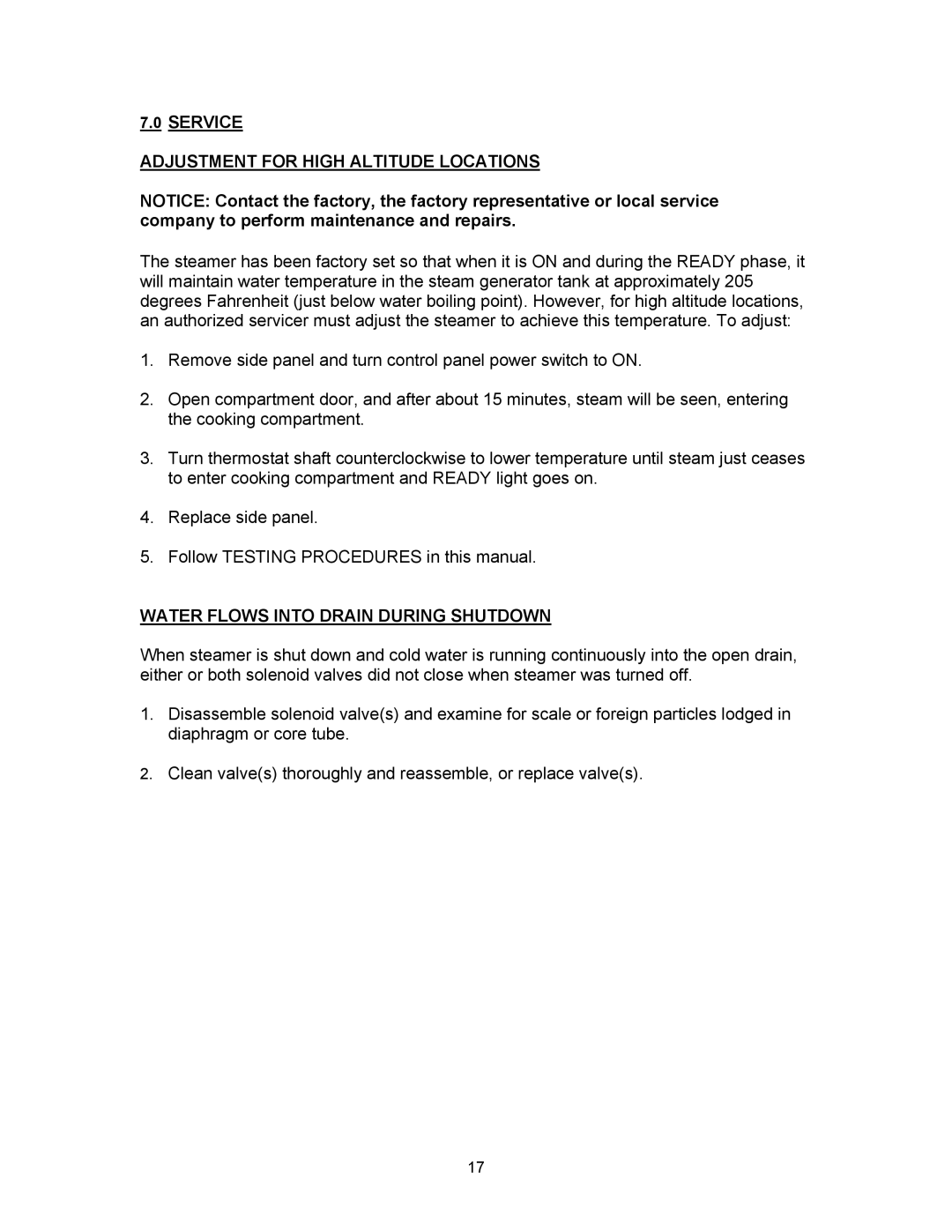 Blodgett SC-7E, SC-10E manual Service Adjustment for High Altitude Locations, Water Flows Into Drain During Shutdown 