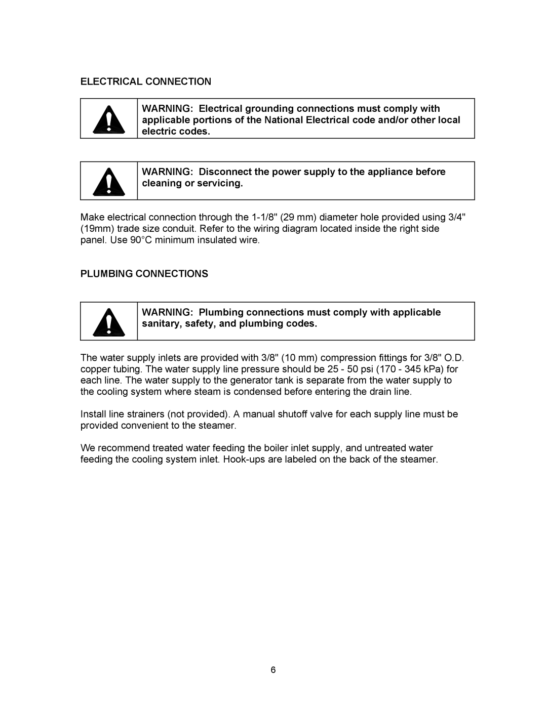 Blodgett SC-10E, SC-7E manual Electrical Connection, Plumbing Connections 