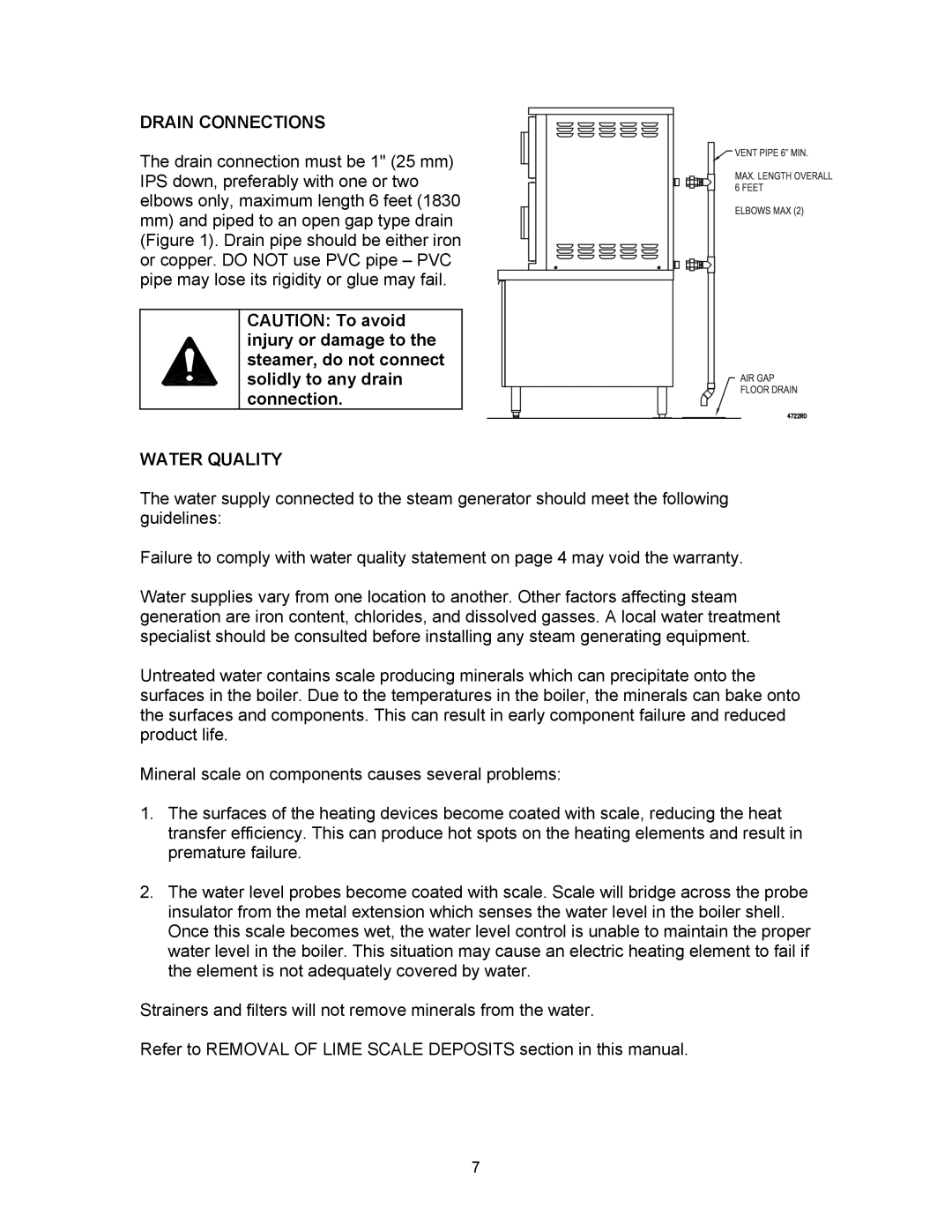 Blodgett SC-7E, SC-10E manual Drain Connections, Water Quality 