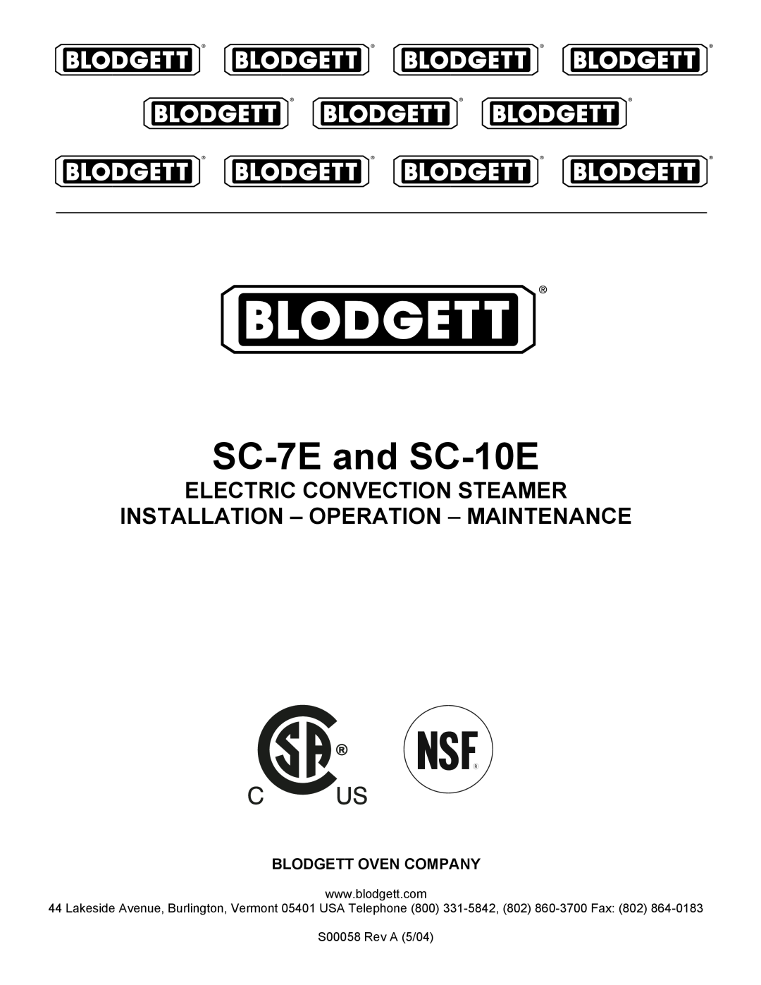 Blodgett manual SC-7Eand SC-10E, Electric Convection Steamer, Installation - Operation - Maintenance 