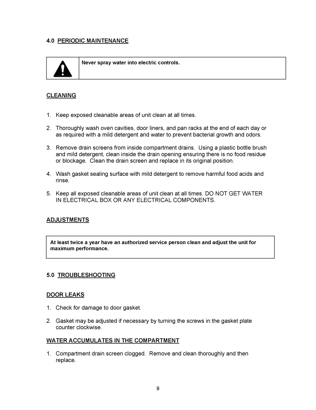 Blodgett SC-6DS, SC-10DS, SC-16DS manual Periodic Maintenance, Cleaning, Adjustments, Troubleshooting Door Leaks 