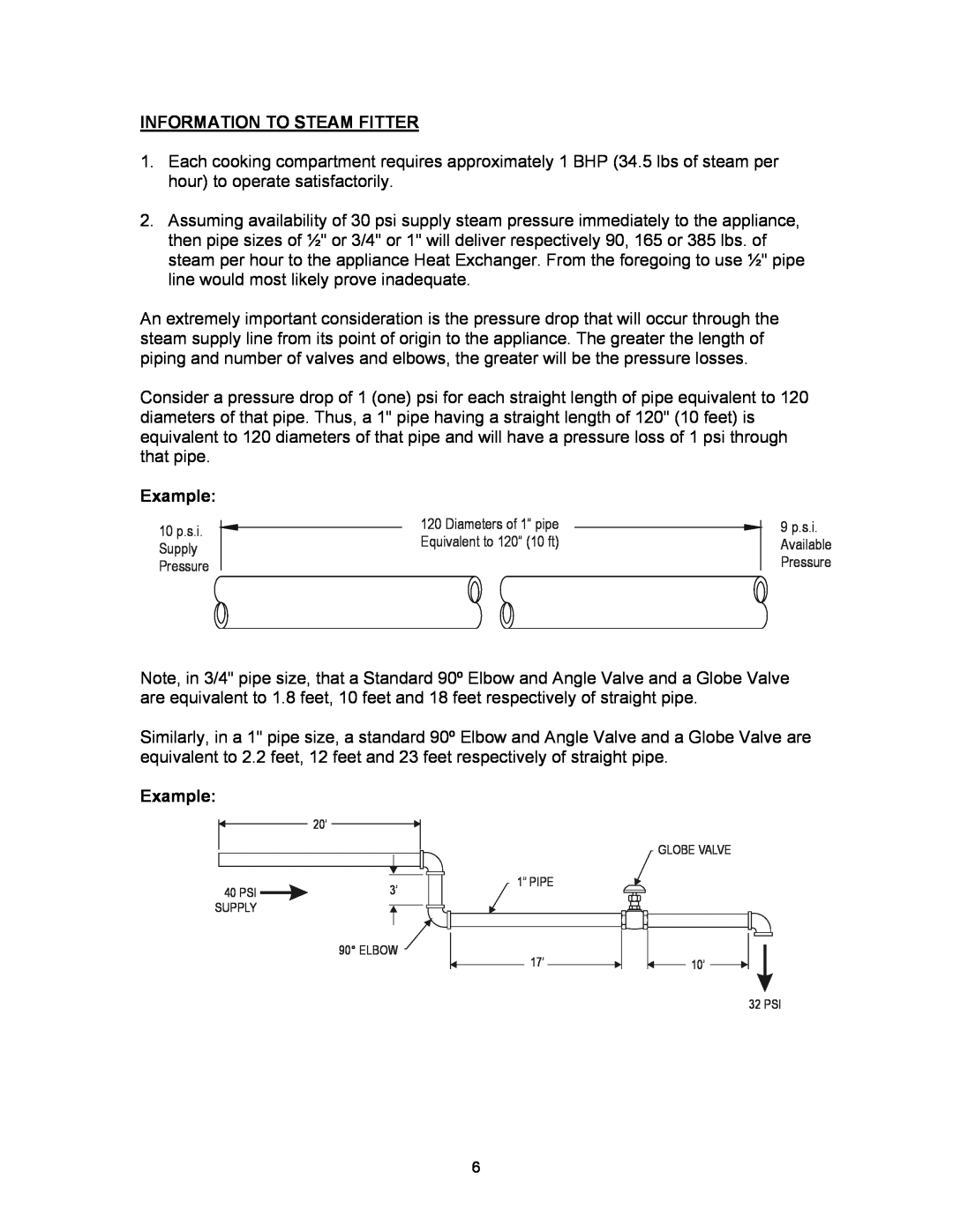 Blodgett SC-6DS, SC-10DS, SC-16DS manual Information To Steam Fitter, Example, 10 p.s.i. Supply Pressure 