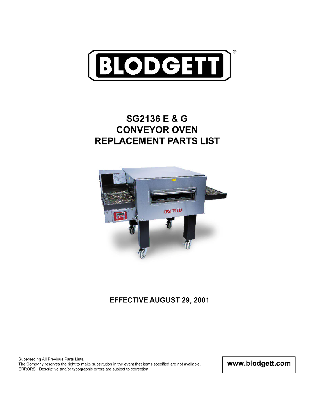 Blodgett SG2136 E & G manual Conveyor Oven Replacement Parts List, Effective August 29 