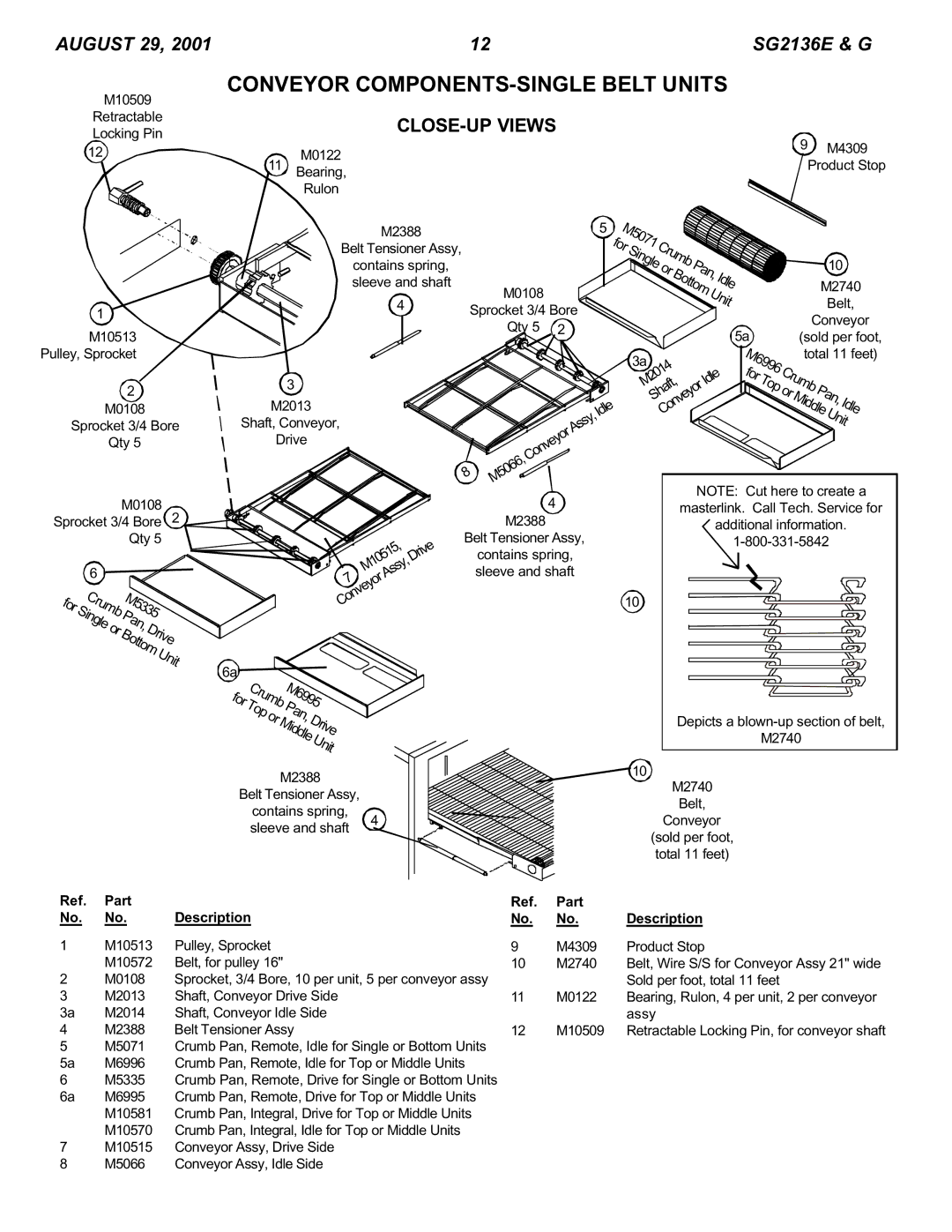 Blodgett SG2136 E & G manual Conveyor COMPONENTS-SINGLE Belt Units, CLOSE-UP Views 