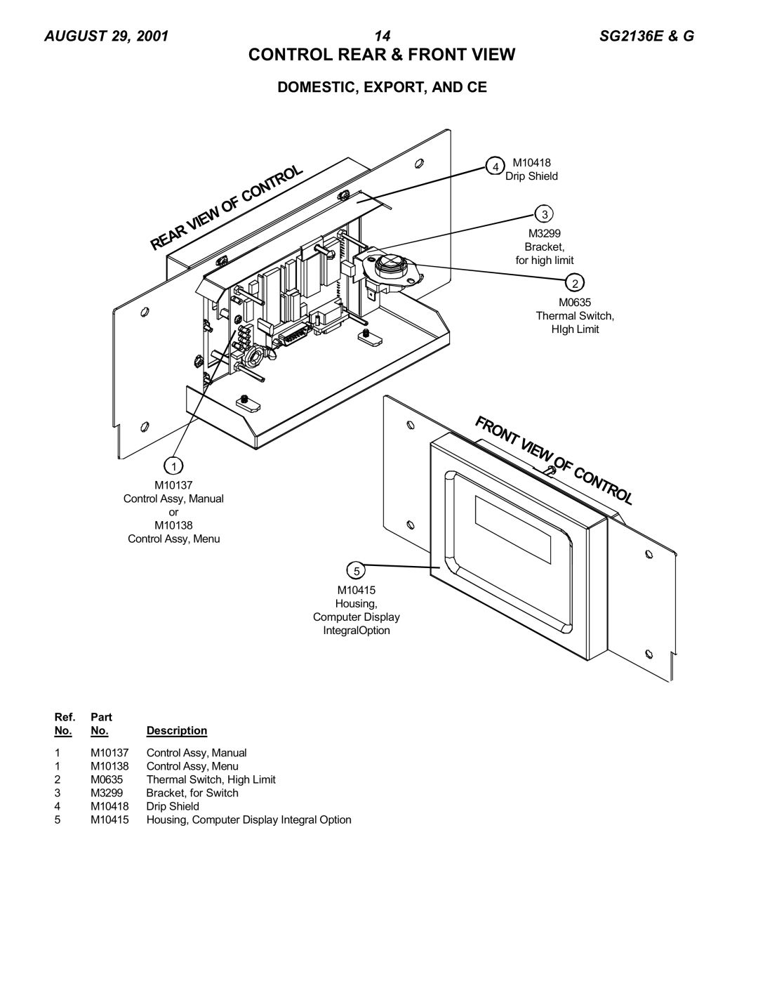 Blodgett SG2136 E & G manual Control Rear & Front View 