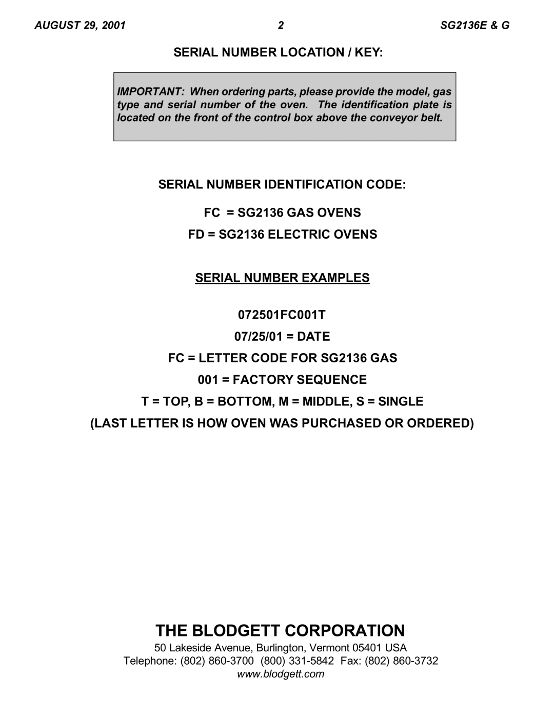 Blodgett SG2136 E & G manual Blodgett Corporation, Serial Number Location / KEY 