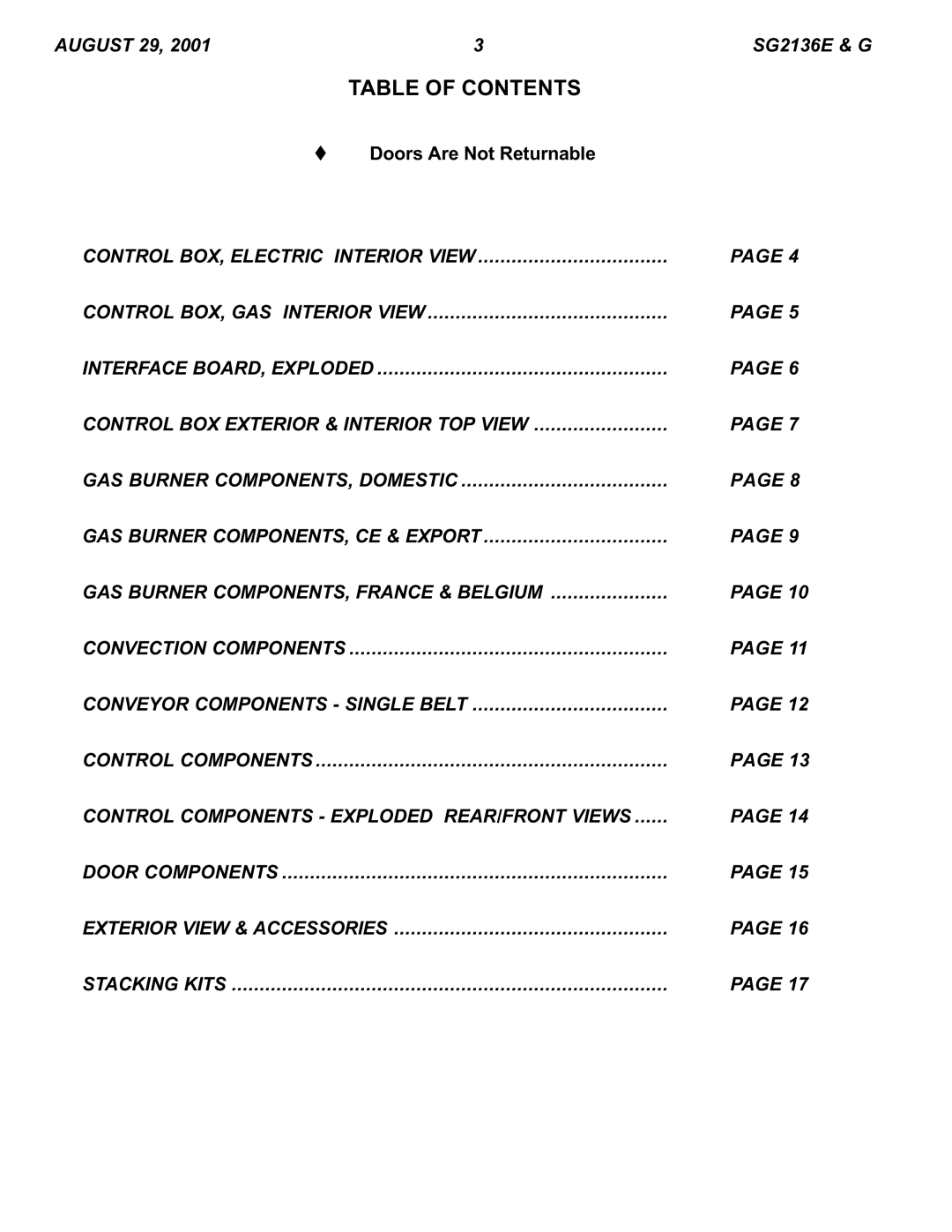 Blodgett SG2136 E & G manual Table of Contents 