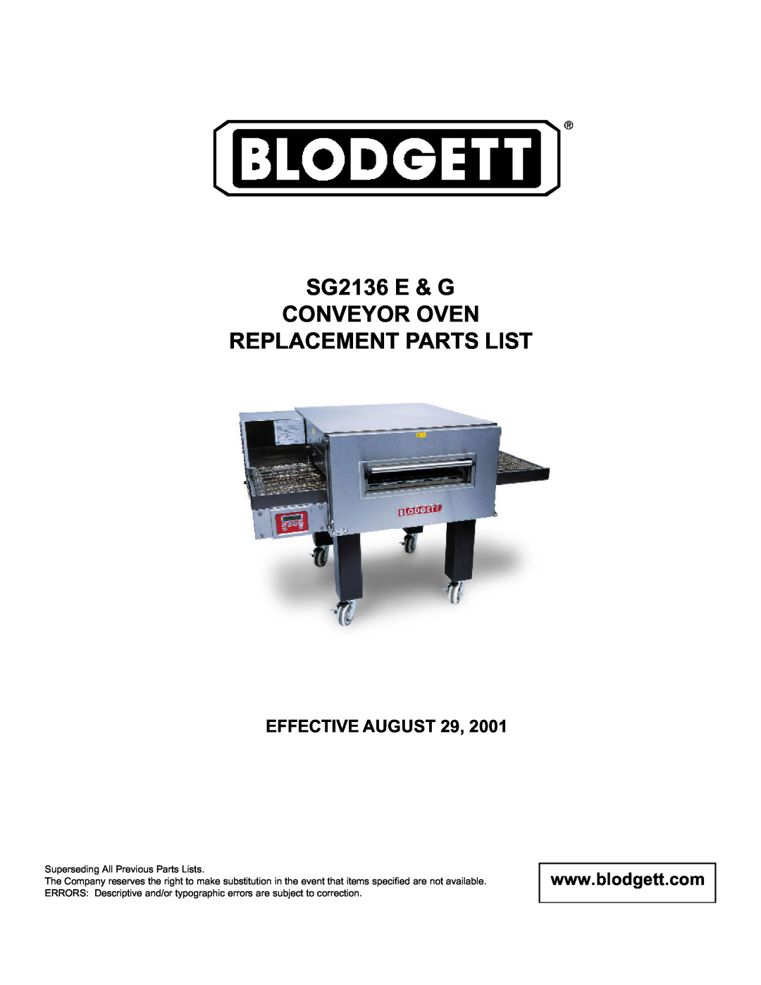 Blodgett manual SG2136 E & G CONVEYOR OVEN REPLACEMENT PARTS LIST, Effective August 