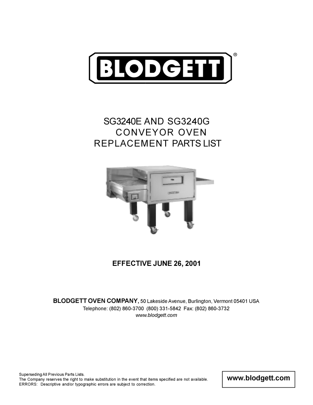 Blodgett SG3240E, SG3240G manual Conveyor Oven Replacement Parts List, Effective June 26 