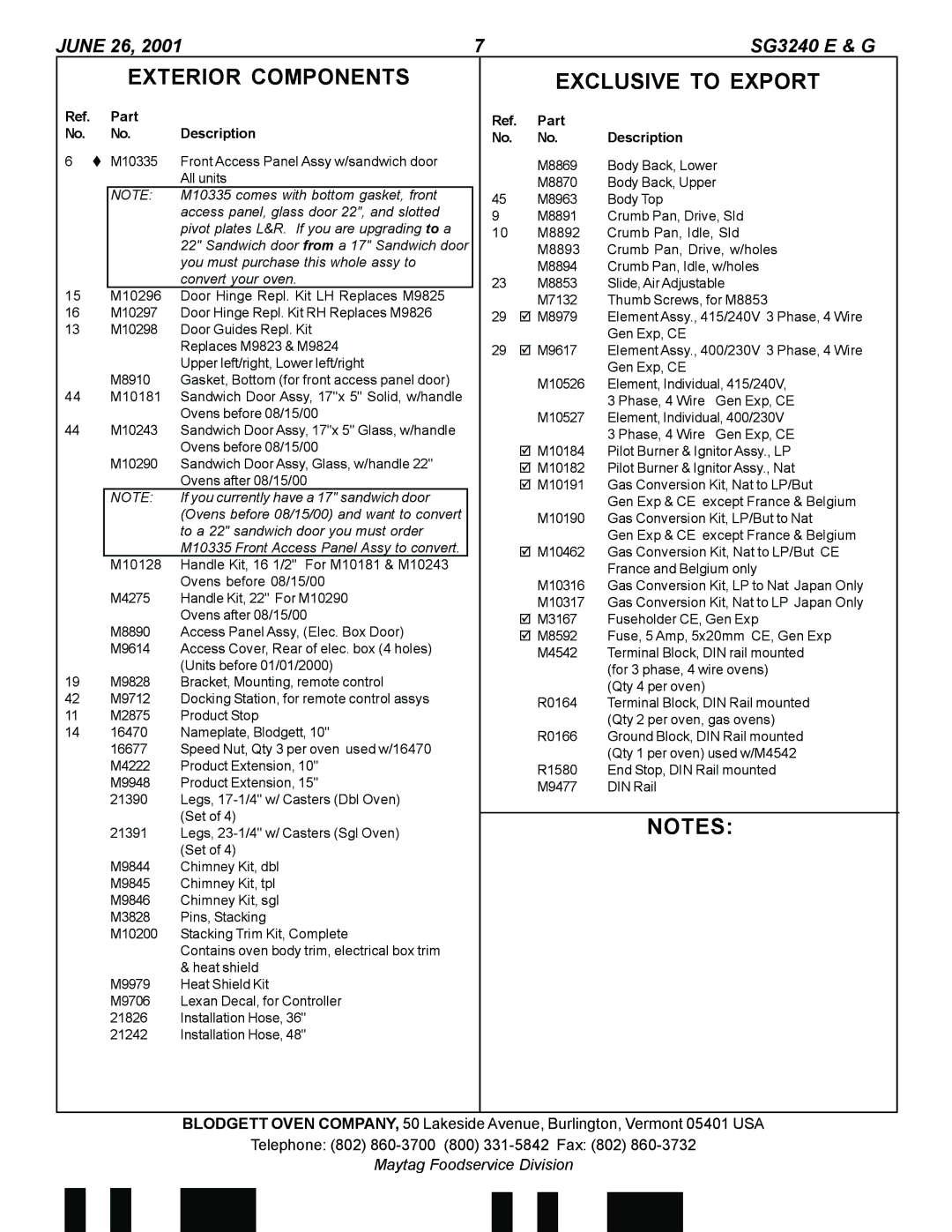 Blodgett SG3240E, SG3240G manual Exterior Components, Exclusive to Export, Part Description M8869, M8870, M8963 Body Top 