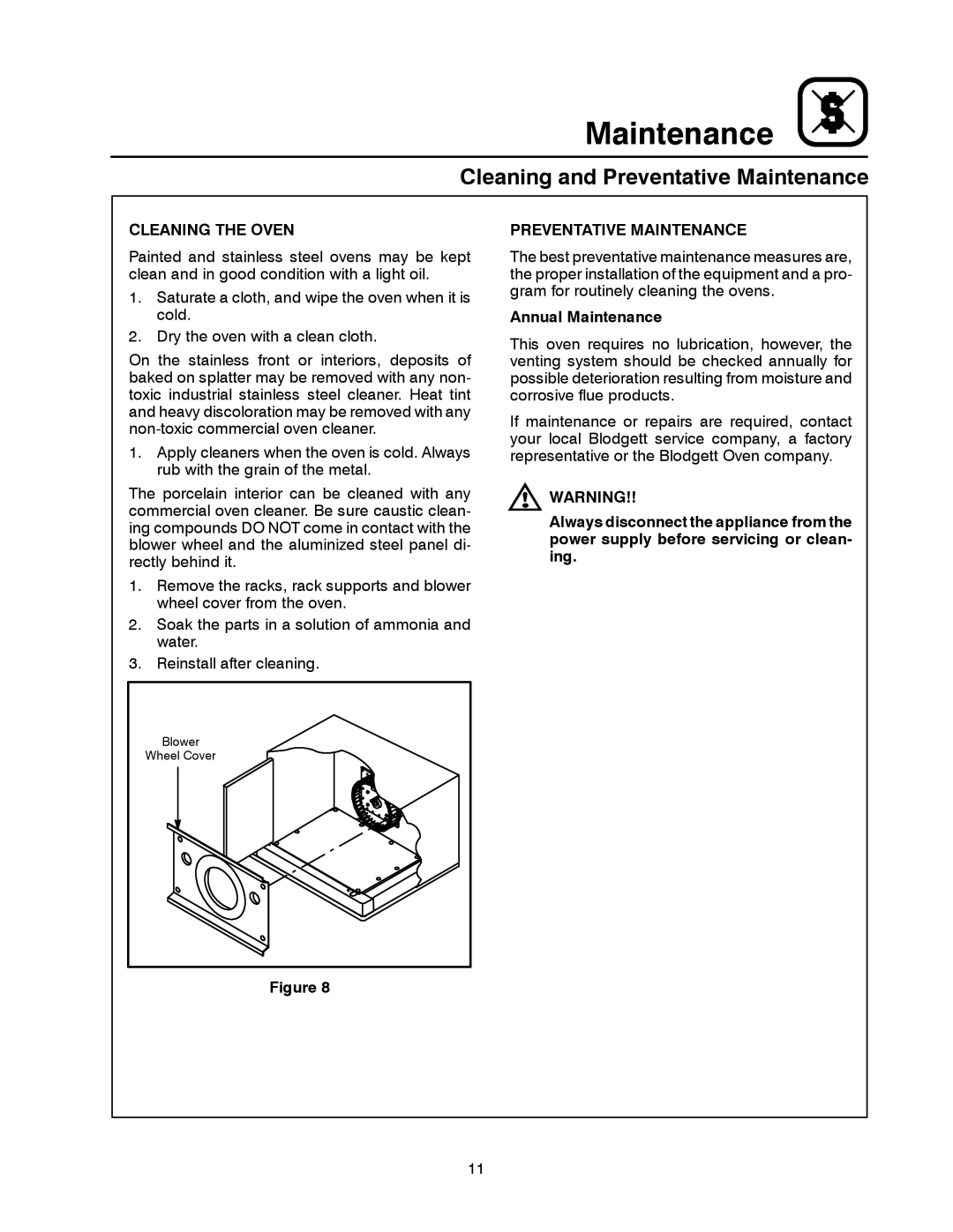 Blodgett SHO-E manual Cleaning and Preventative Maintenance, Cleaning the Oven, Annual Maintenance 