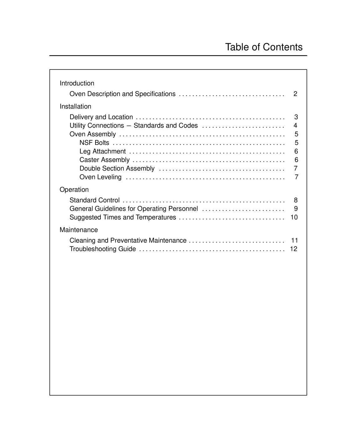 Blodgett SHO-E manual Table of Contents 