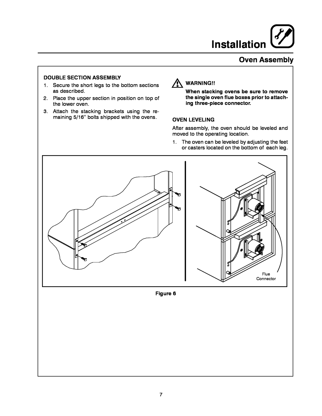 Blodgett SHO-E manual Installation, Double Section Assembly, Oven Leveling 