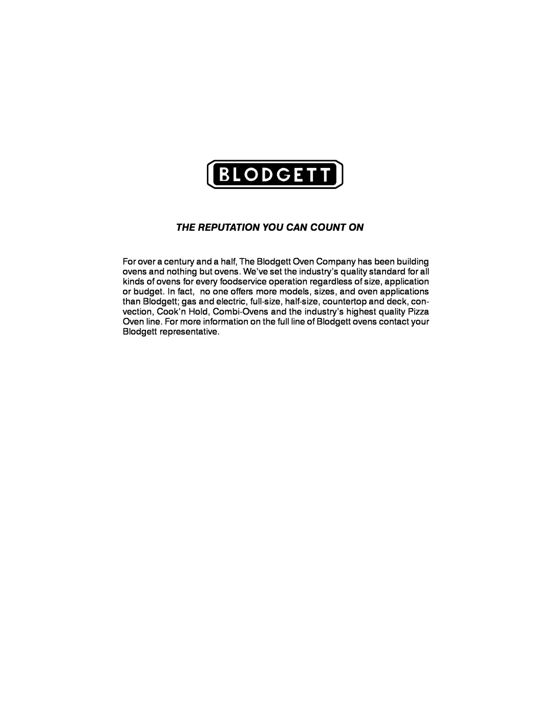 Blodgett SHO-E manual The Reputation You Can Count On 