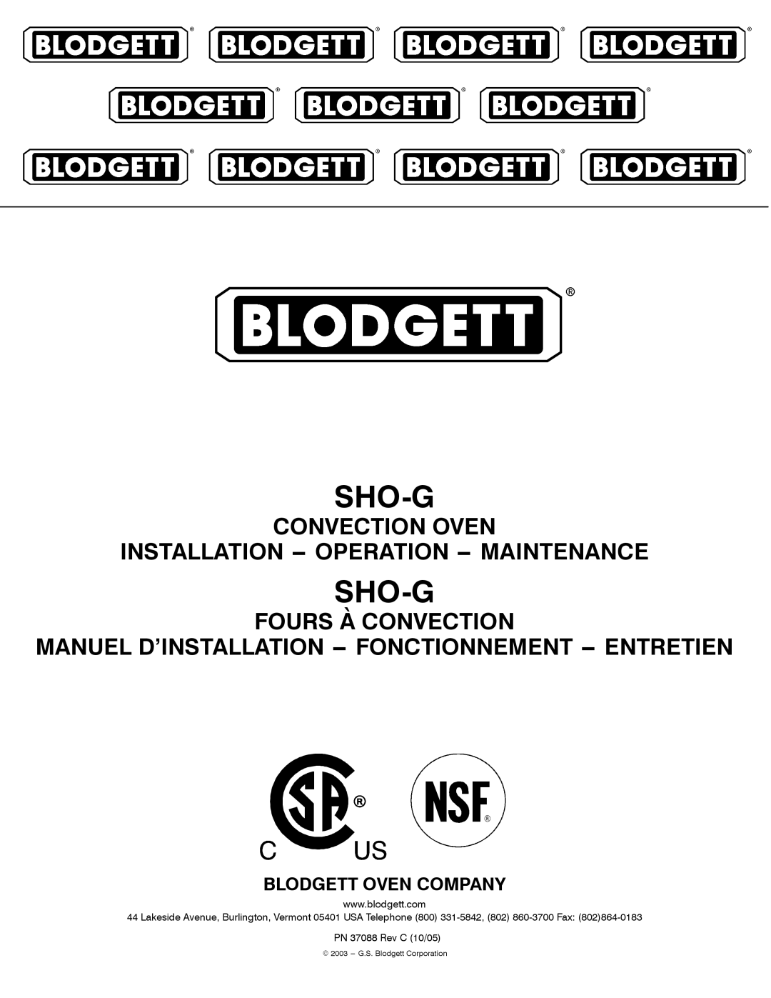 Blodgett SHO-G manual Sho-G 