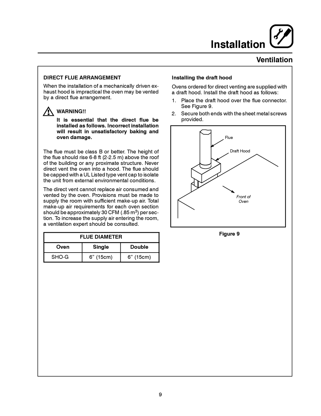 Blodgett SHO-G manual Direct Flue Arrangement, Flue Diameter, Oven Single Double, 15cm Installing the draft hood 