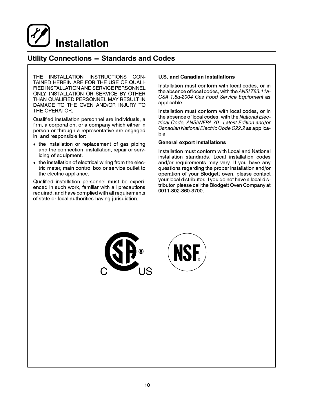 Blodgett SHO-G manual Utility Connections --- Standards and Codes, General export installations 