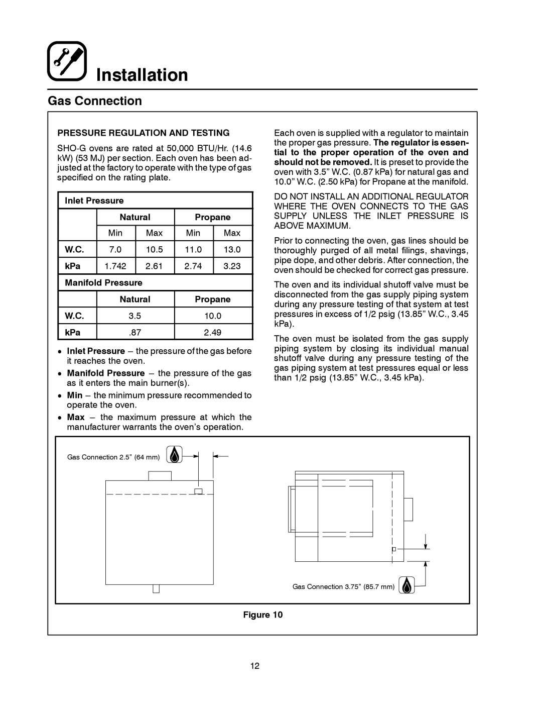 Blodgett SHO-G Pressure Regulation and Testing, Inlet Pressure Natural Propane, KPa, Manifold Pressure Natural Propane 