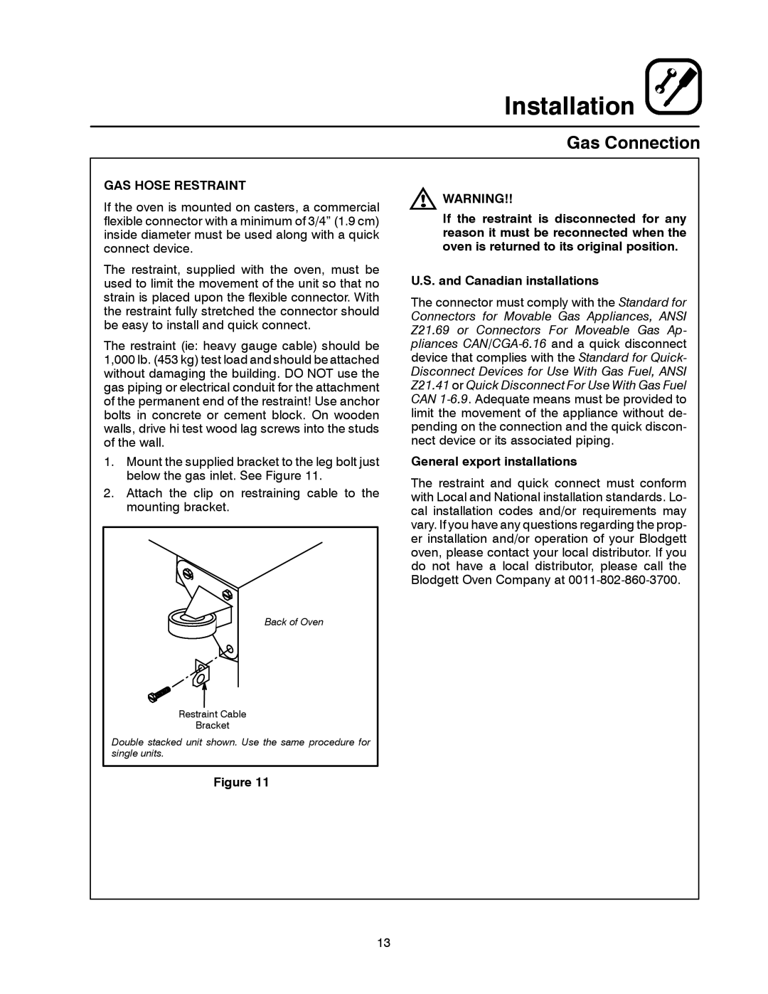 Blodgett SHO-G manual GAS Hose Restraint, General export installations 