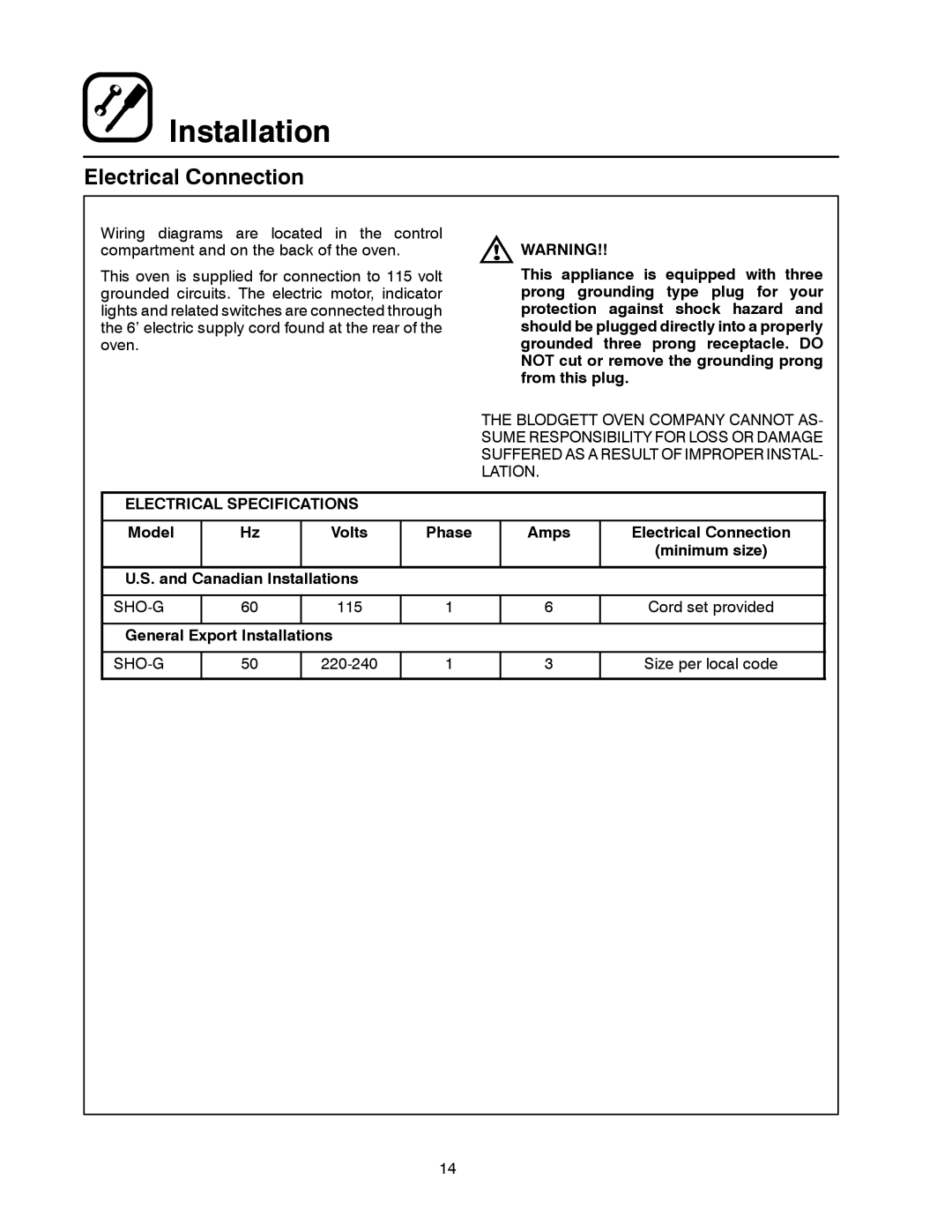 Blodgett SHO-G manual Electrical Connection, Electrical Specifications 