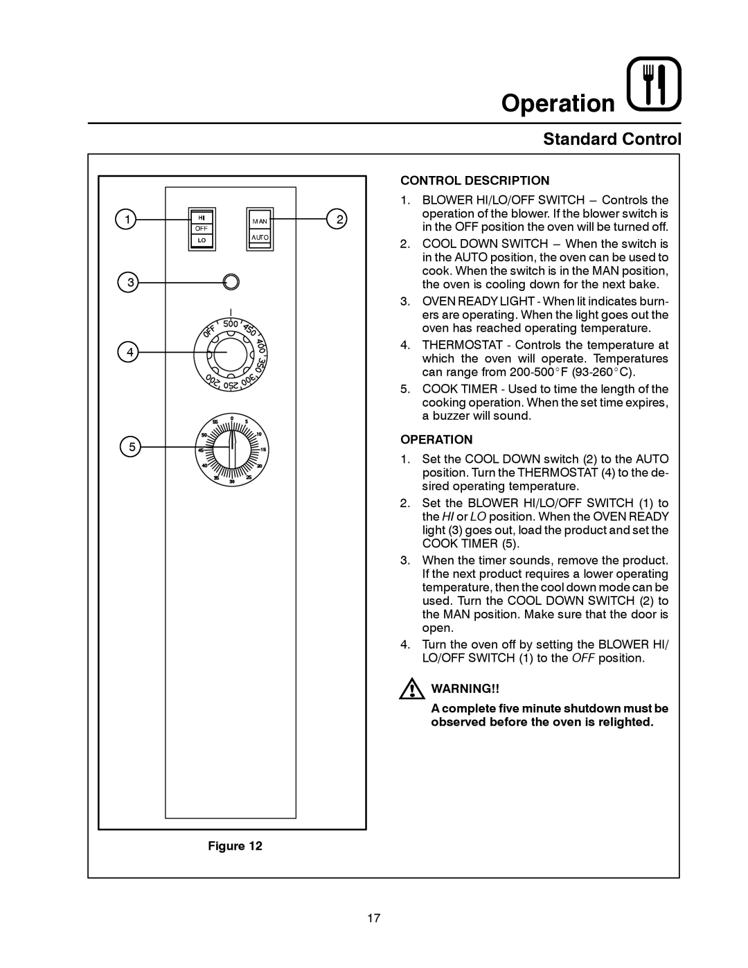 Blodgett SHO-G manual Standard Control, Control Description, Operation 