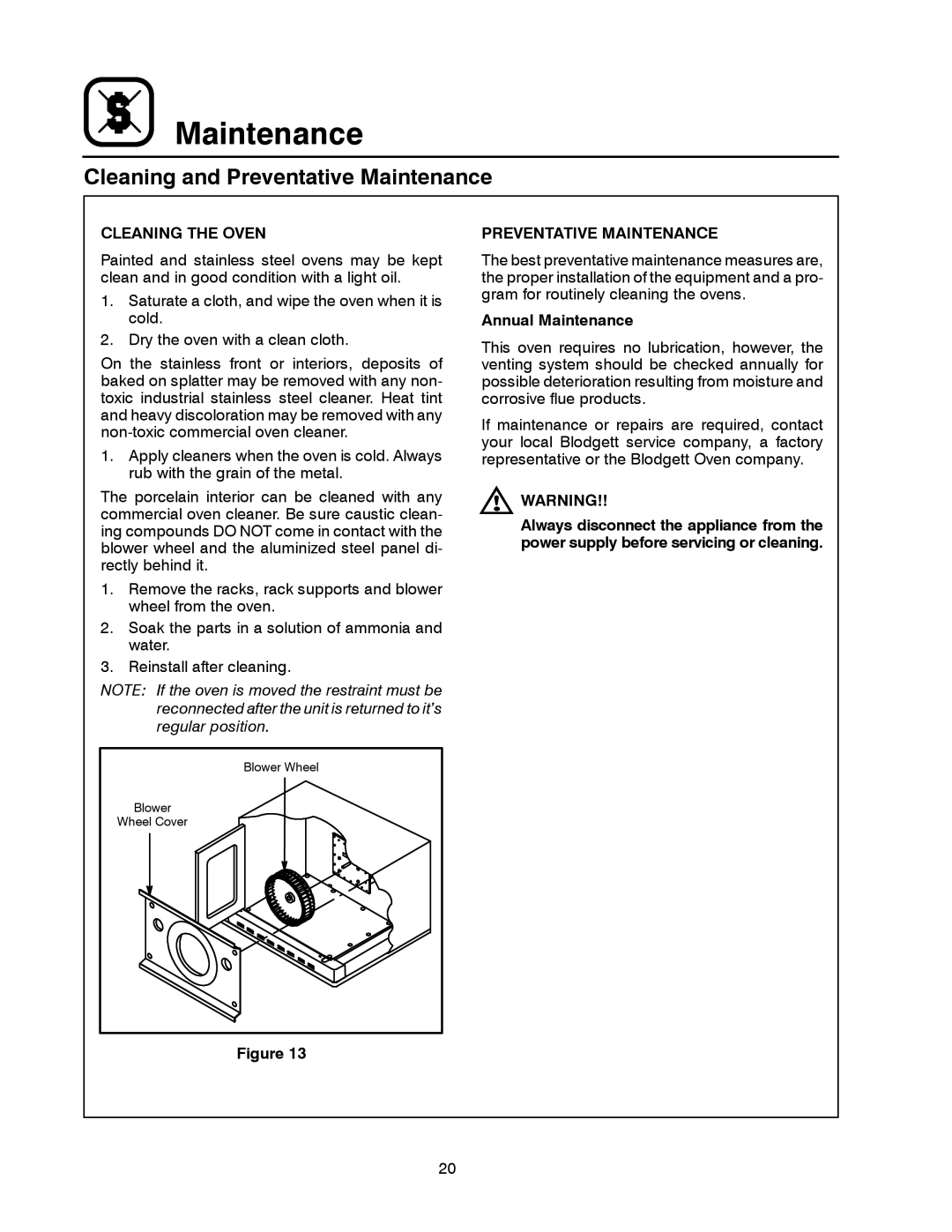 Blodgett SHO-G manual Cleaning and Preventative Maintenance, Cleaning the Oven, Annual Maintenance 