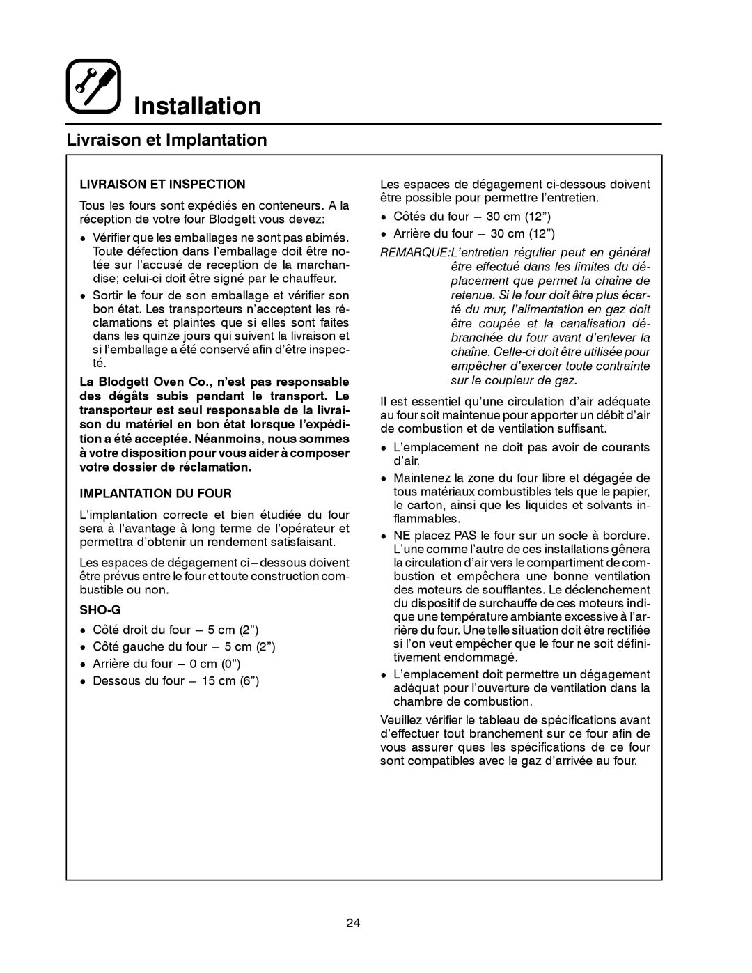 Blodgett SHO-G manual Livraison et Implantation, Livraison ET Inspection, Implantation DU Four 