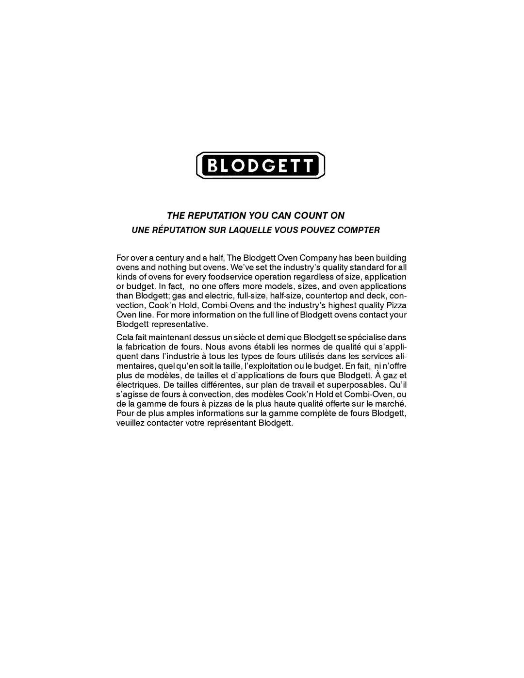 Blodgett SHO-G manual Reputation YOU can Count on 