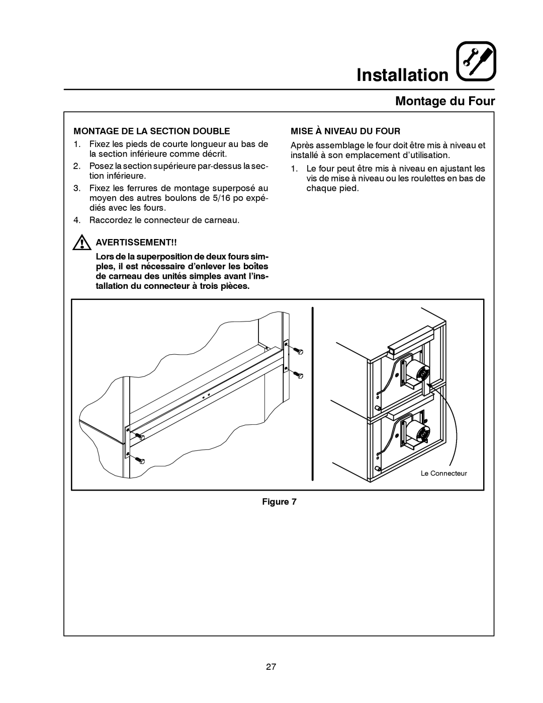 Blodgett SHO-G manual Montage DE LA Section Double, Avertissement, Mise À Niveau DU Four 