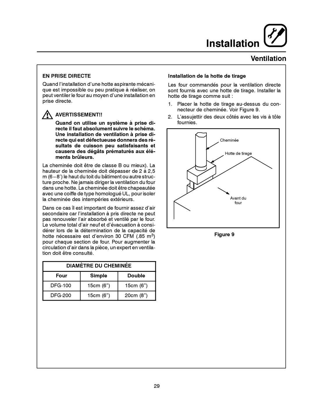 Blodgett SHO-G manual EN Prise Directe, Diamètre DU Cheminée, Four Simple Double, Installation de la hotte de tirage 