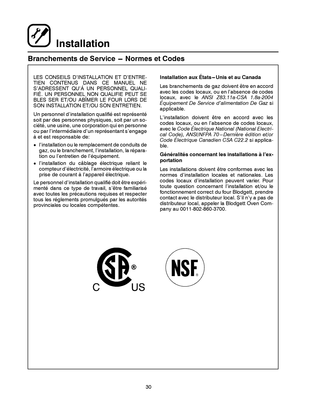 Blodgett SHO-G manual Branchements de Service --- Normes et Codes, Équipement De Service d’alimentation De Gaz si 