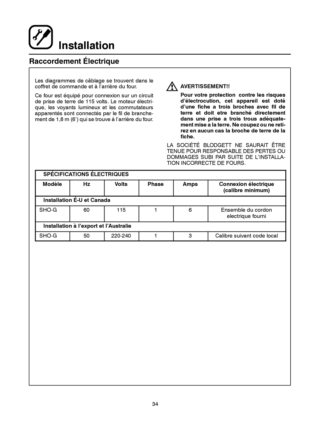 Blodgett SHO-G manual Raccordement Électrique, Spécifications Électriques, Et Canada 