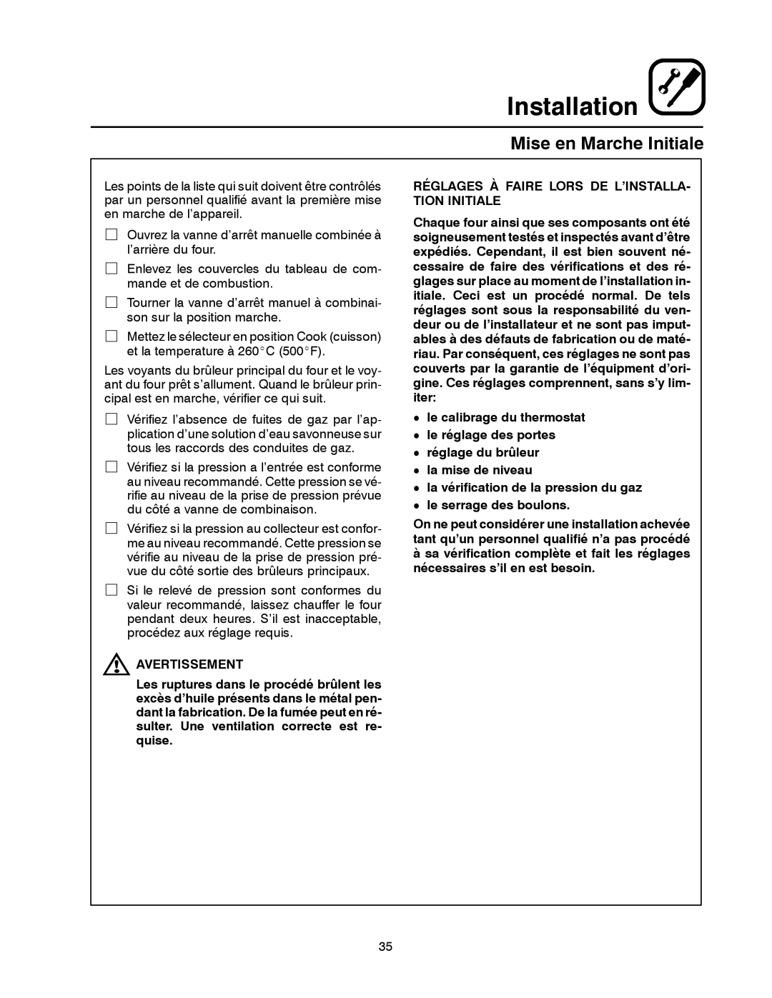 Blodgett SHO-G manual Mise en Marche Initiale, Réglages À Faire Lors DE L’INSTALLA- Tion Initiale 