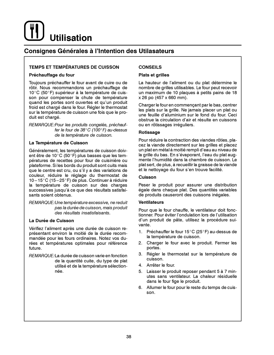 Blodgett SHO-G manual Consignes Générales à l’Intention des Utilasateurs, Conseils 