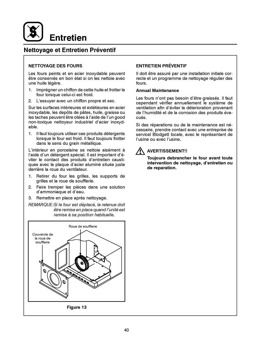 Blodgett SHO-G manual Nettoyage et Entretien Préventif, Nettoyage DES Fours 