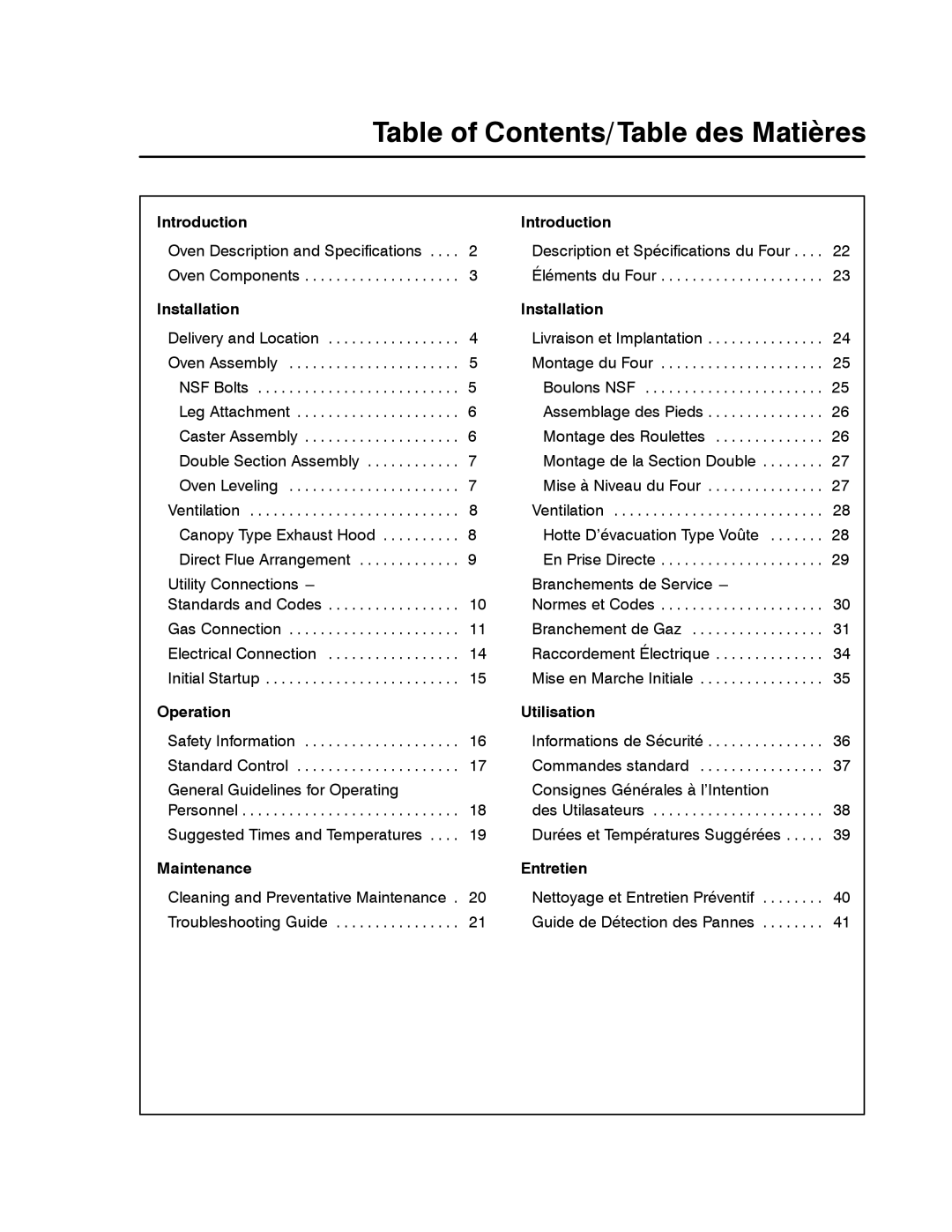 Blodgett SHO-G manual Table of Contents/Table des Matières 