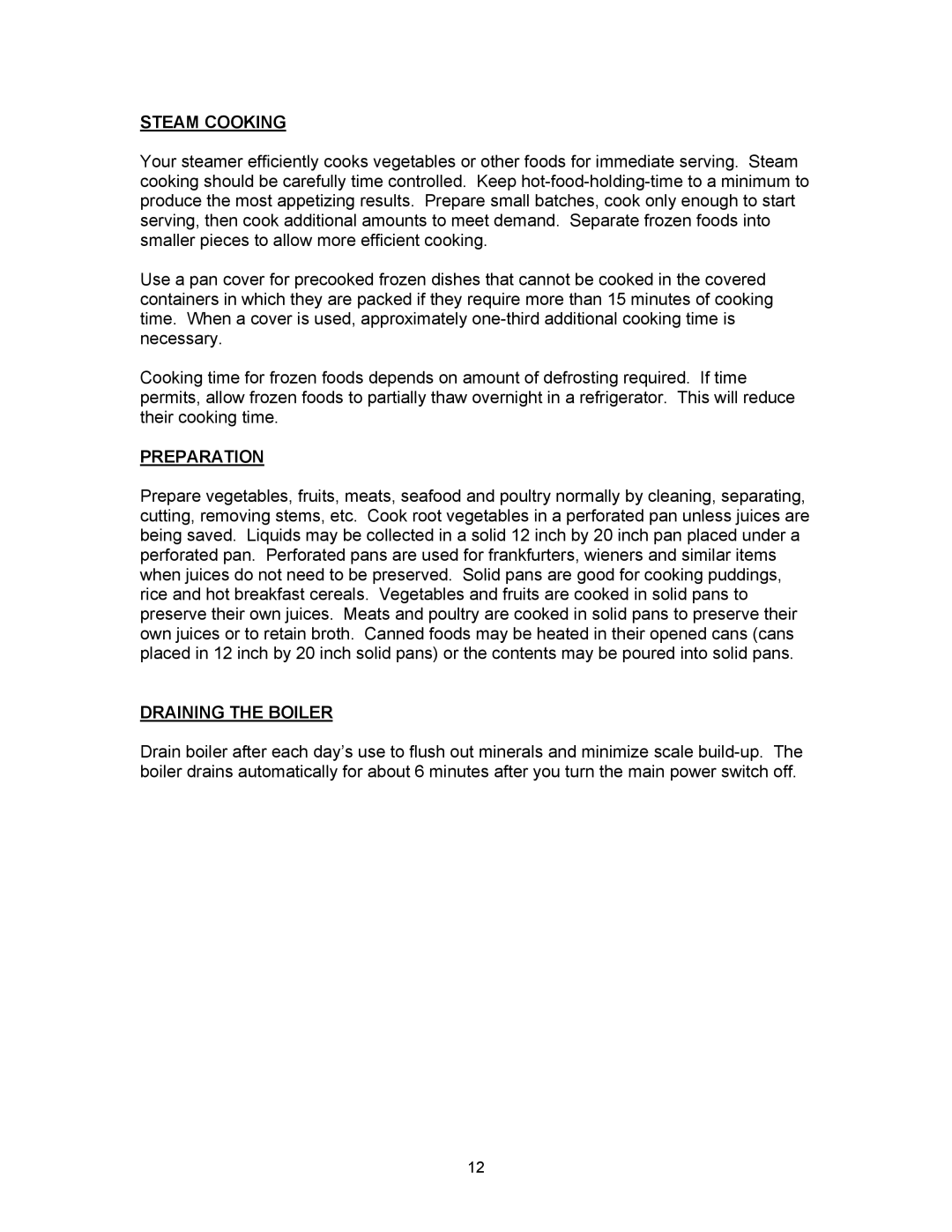 Blodgett SN-5E, SN-3E manual Steam Cooking, Preparation, Draining the Boiler 