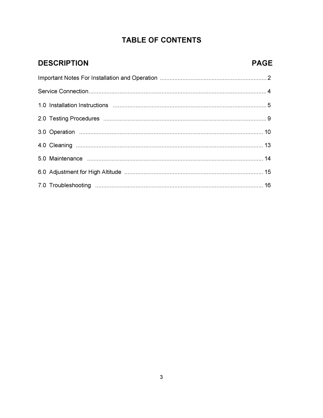 Blodgett SN-3E, SN-5E manual Table of Contents Description 