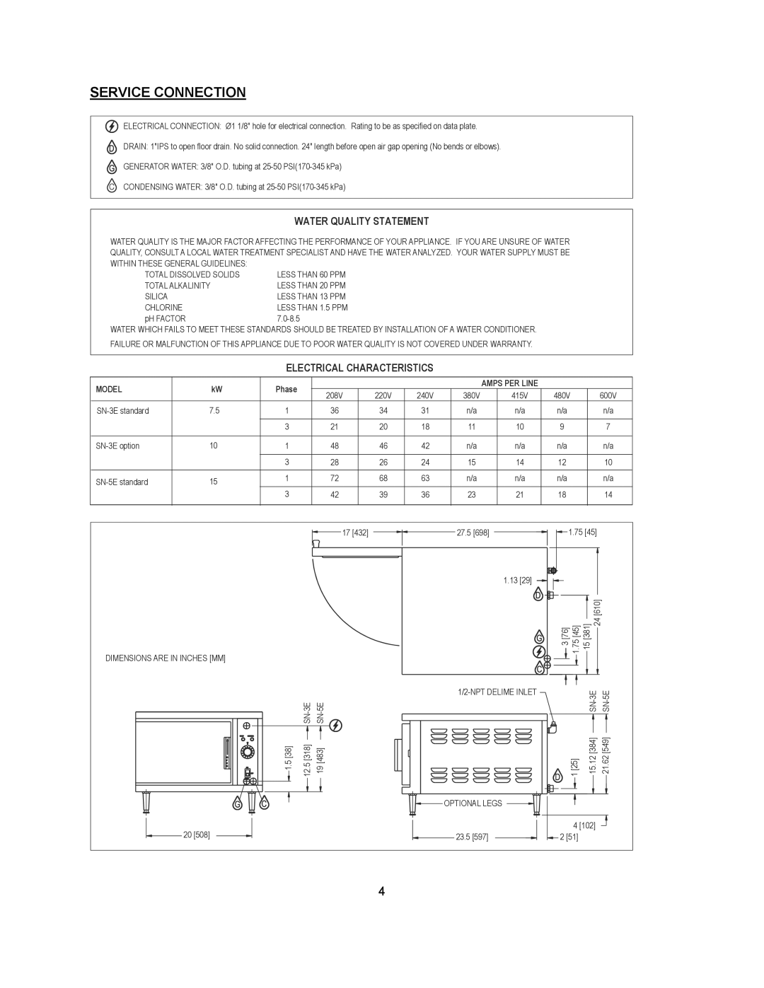 Blodgett SN-5E, SN-3E manual Service Connection, Water Quality Statement 