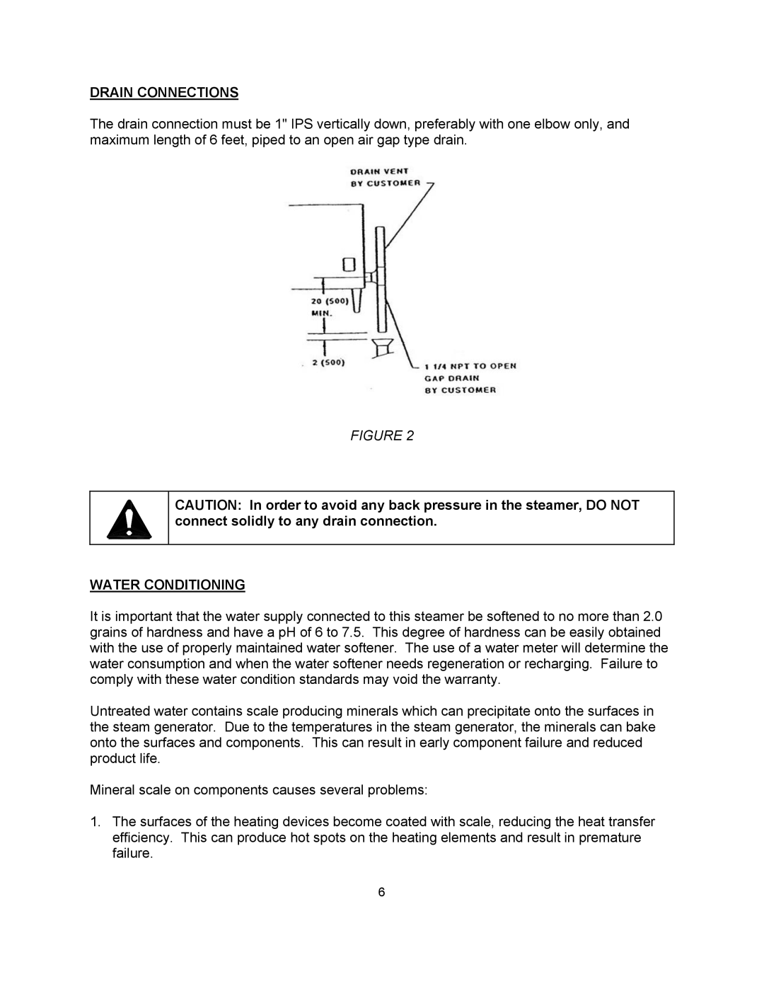 Blodgett SN-5E, SN-3E manual Drain Connections, Water Conditioning 