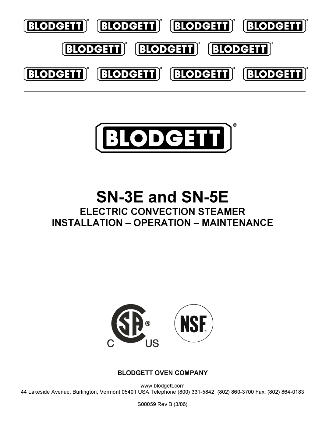 Blodgett manual SN-3Eand SN-5E, Electric Convection Steamer, Installation - Operation - Maintenance 
