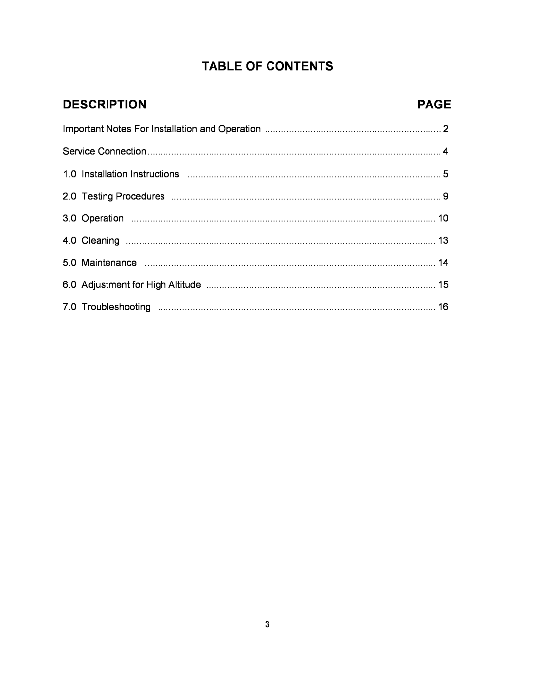 Blodgett SN-3E, SN-5E manual Table Of Contents, Description, Page 