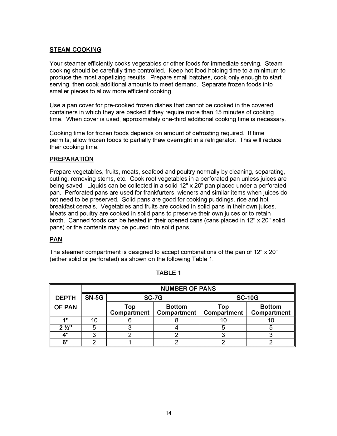 Blodgett manual Steam Cooking, Preparation, Number of Pans Depth SN-5G SC-7G 