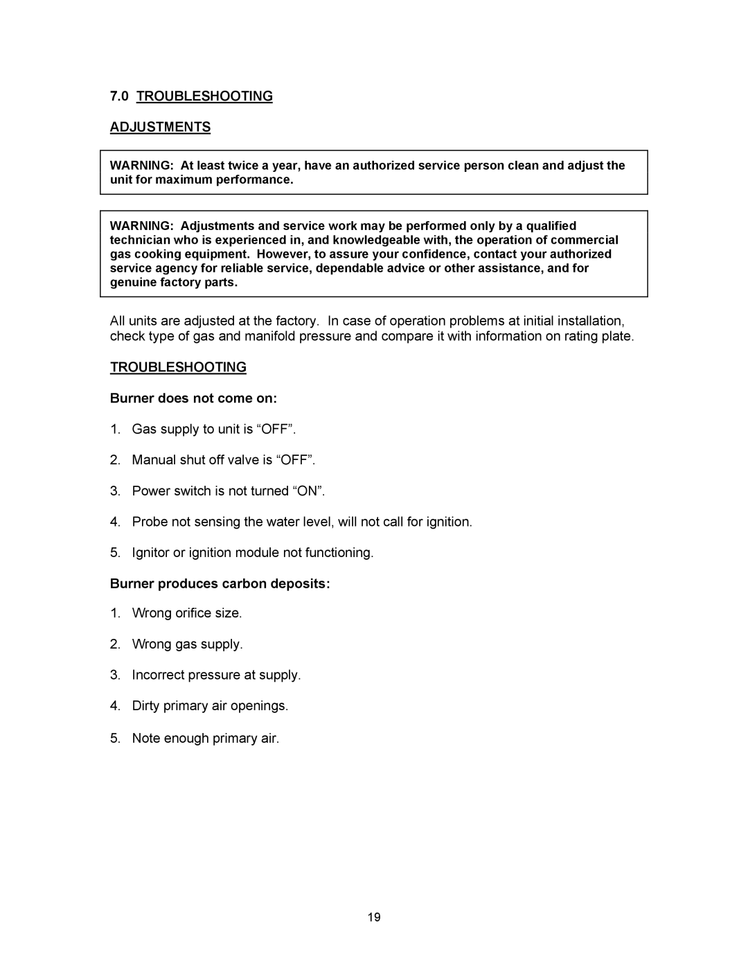 Blodgett SN-5G manual Troubleshooting, Burner does not come on, Burner produces carbon deposits 
