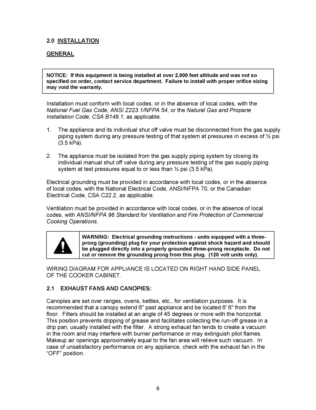 Blodgett SN-5G manual Installation General, Exhaust Fans and Canopies 